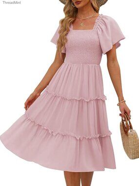 Flutter Sleeve Square Neck Smocked Midi Dress Polyester Casual Summer